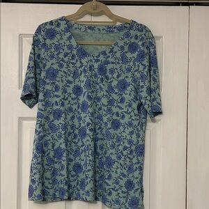 J. Jill Green V-Neck Tee with Blue Floral Print